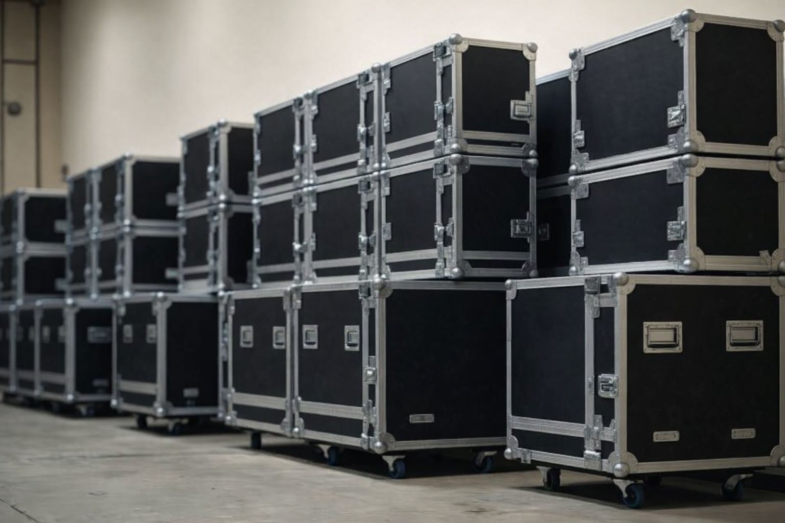 Gestapelte schwarze Flightcases mit Metallbeschlägen und Rollen, bereit für den Tourversand.
