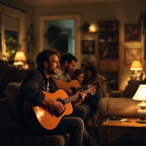 Gitarrist spielt bei warmem Licht ein Wohnzimmerkonzert