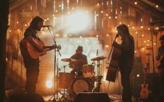 Kleine Band spielt in warm beleuchteter Holzscheune ein intimes Konzert