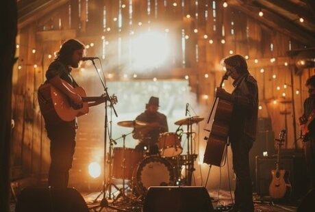 Kleine Band spielt in warm beleuchteter Holzscheune ein intimes Konzert