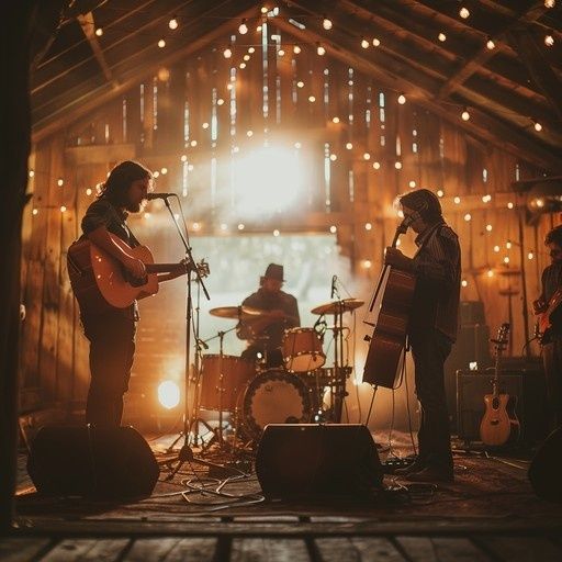 Kleine Band spielt in warm beleuchteter Holzscheune ein intimes Konzert